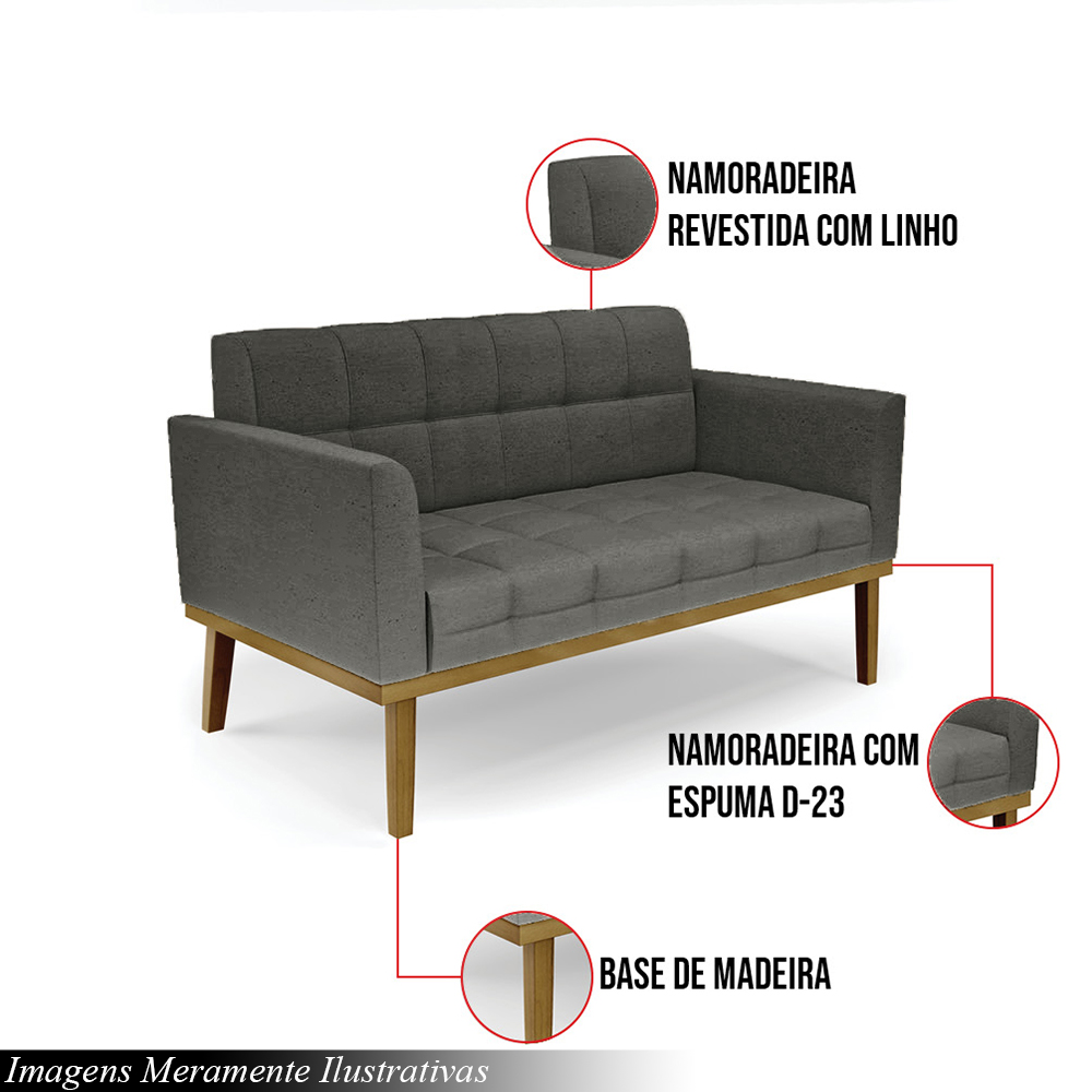 Poltrona Namoradeira Decorativa Karen Pés Fixo em Madeira Castanho Linho Cinza Mesclado G19 - Gran Belo
