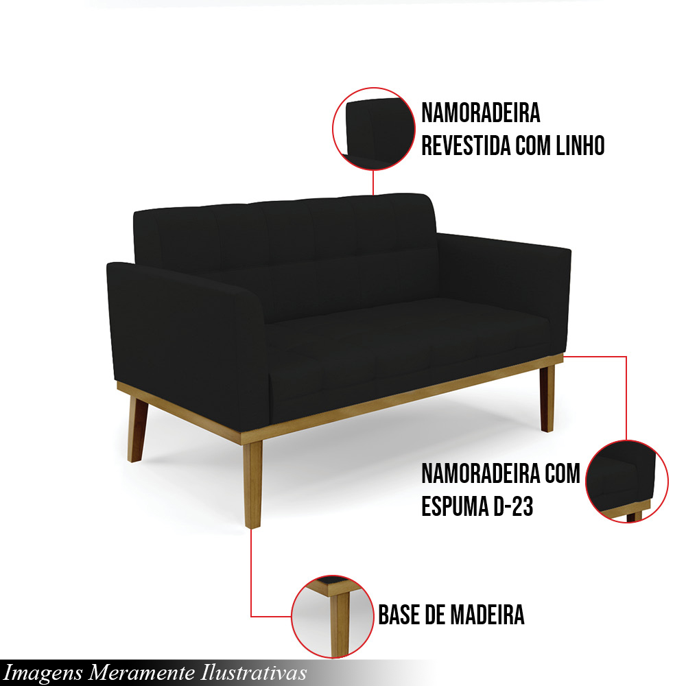 Poltrona Namoradeira Decorativa Karen Pés Fixo em Madeira Castanho Linho Preto G19 - Gran Belo