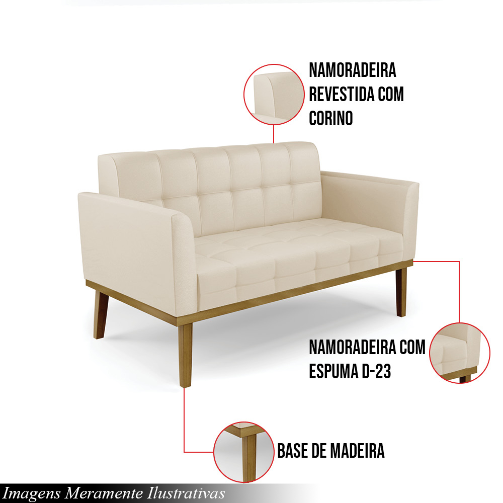 Poltrona Namoradeira Decorativa Karen Pés Fixo em Madeira Castanho PU Bege G19 - Gran Belo