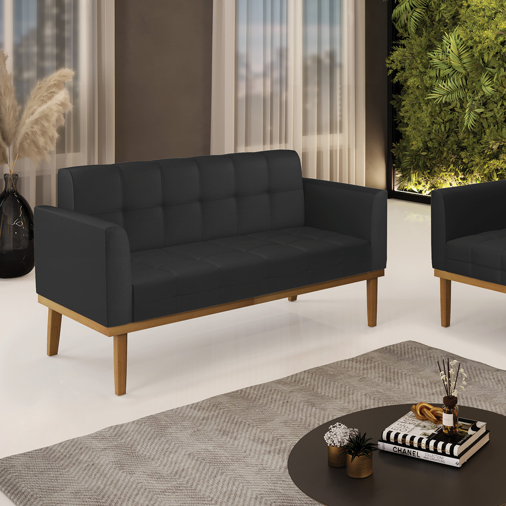 Poltrona Namoradeira Decorativa Karen Pés Fixo em Madeira Castanho PU Preto G19 - Gran Belo