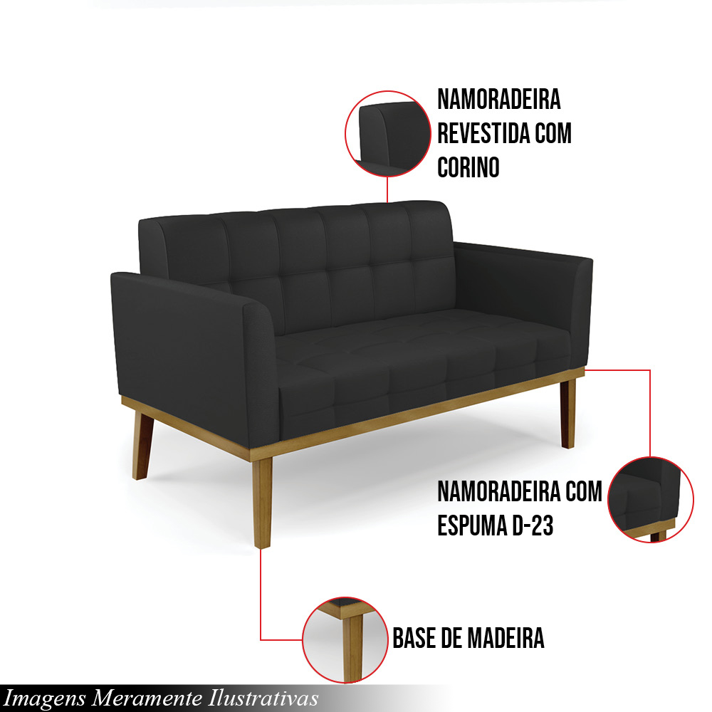 Poltrona Namoradeira Decorativa Karen Pés Fixo em Madeira Castanho PU Preto G19 - Gran Belo