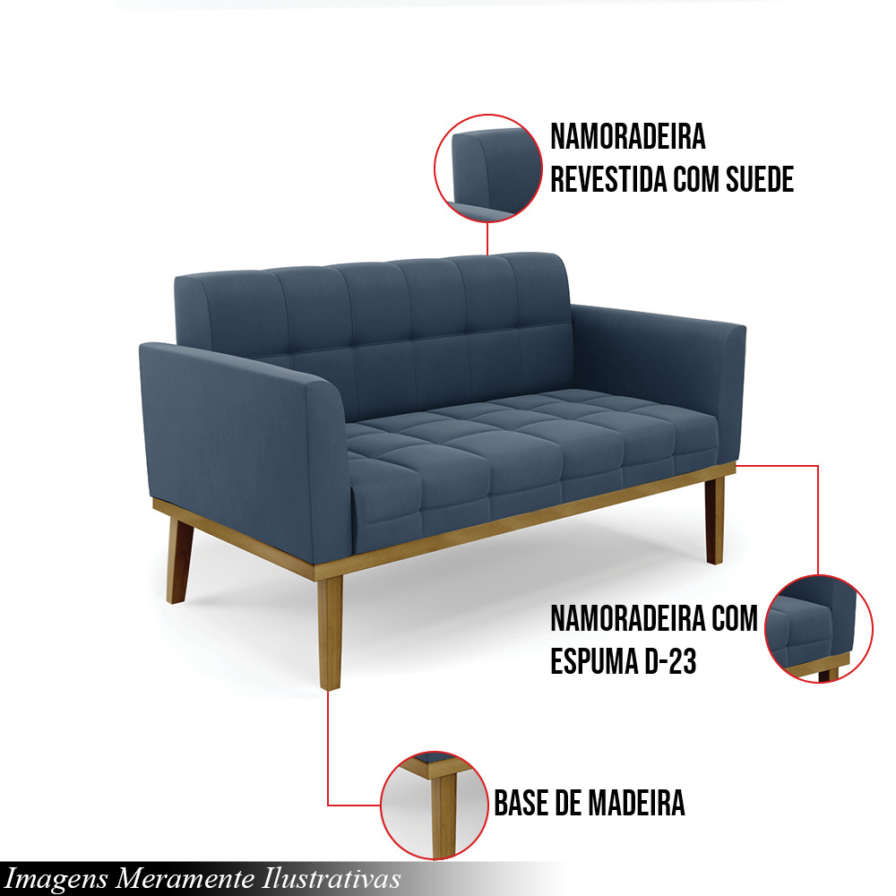 Poltrona Namoradeira Decorativa Karen Pés Fixo em Madeira Castanho Suede Azul Marinho G19 - Gran Belo