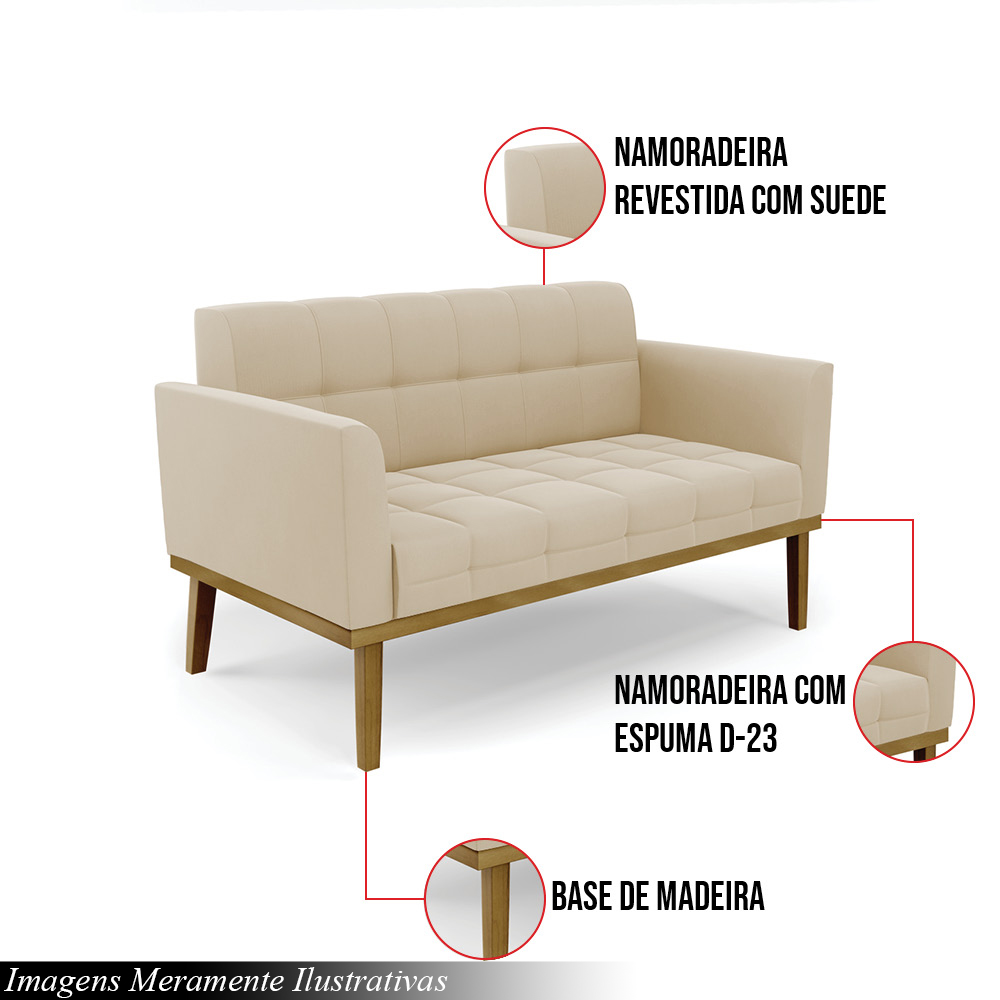 Poltrona Namoradeira Decorativa Karen Pés Fixo em Madeira Castanho Suede Bege G19 - Gran Belo