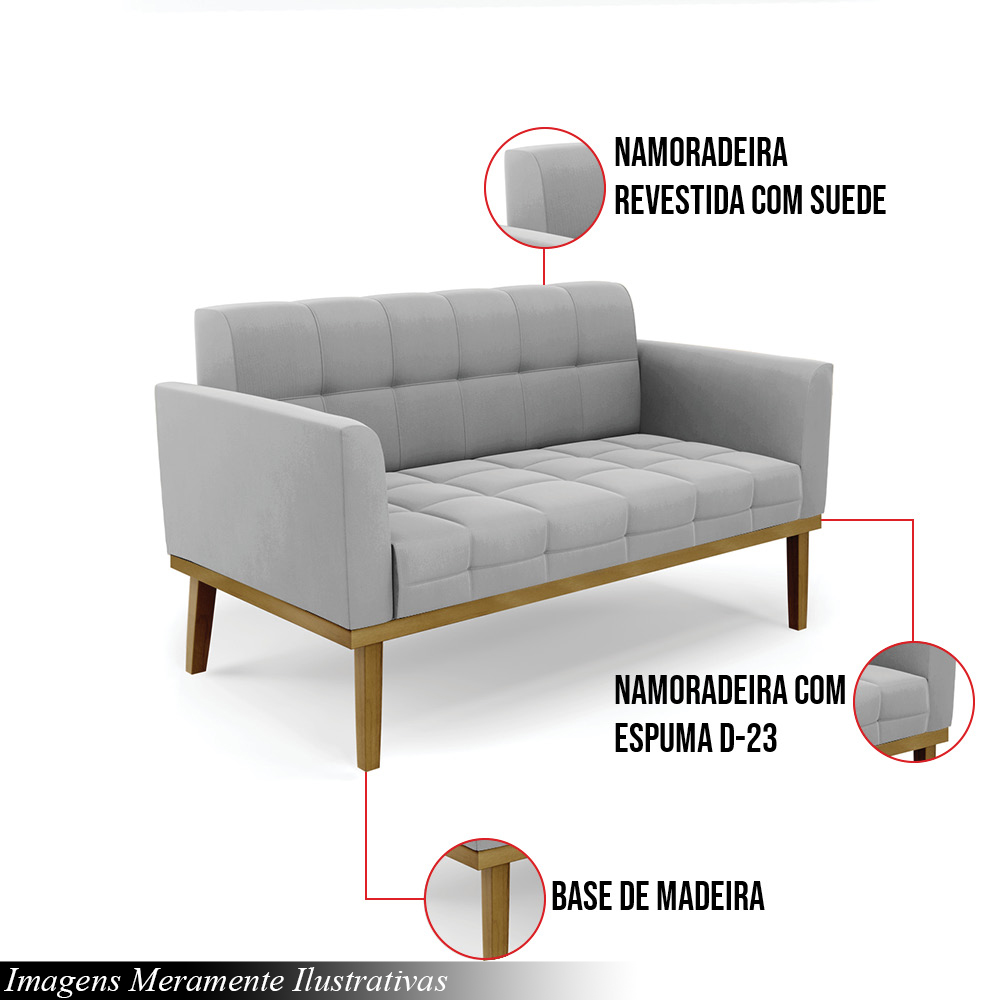 Poltrona Namoradeira Decorativa Karen Pés Fixo em Madeira Castanho Suede Cinza G19 - Gran Belo