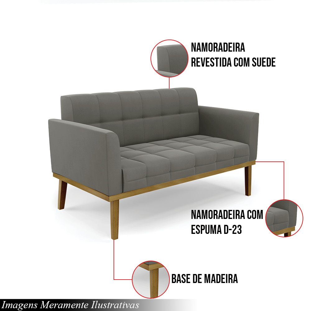 Poltrona Namoradeira Decorativa Karen Pés Fixo em Madeira Castanho Suede Grafite G19 - Gran Belo