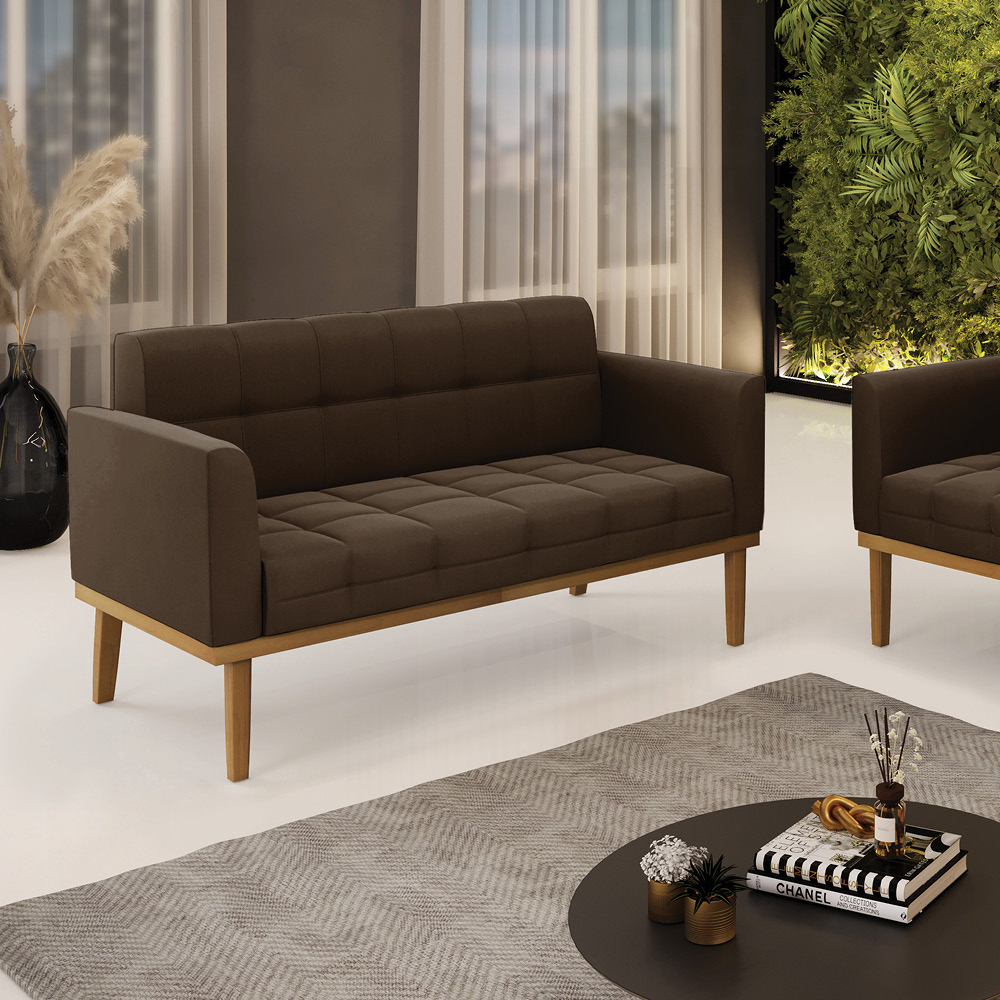 Poltrona Namoradeira Decorativa Karen Pés Fixo em Madeira Castanho Suede Marrom 19 - Gran Belo