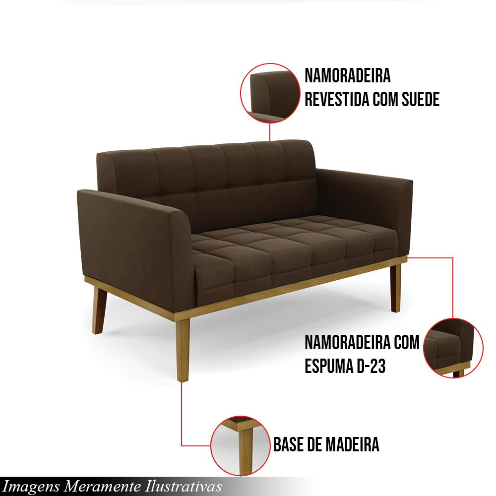 Poltrona Namoradeira Decorativa Karen Pés Fixo em Madeira Castanho Suede Marrom 19 - Gran Belo