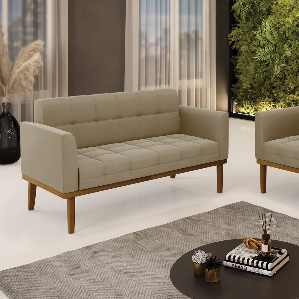 Poltrona Namoradeira Decorativa Karen Pés Fixo em Madeira Castanho Suede Nude G19 - Gran Belo
