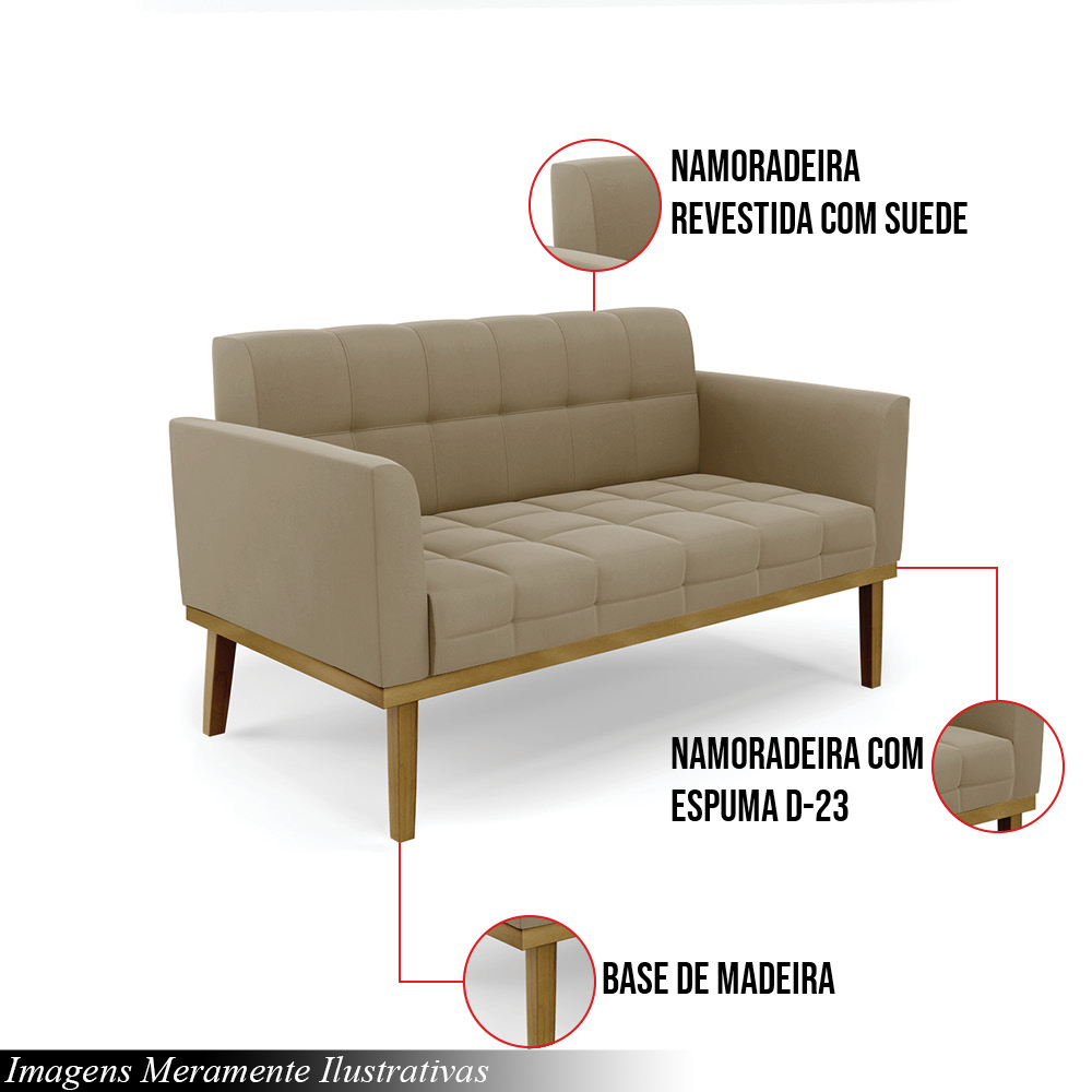 Poltrona Namoradeira Decorativa Karen Pés Fixo em Madeira Castanho Suede Nude G19 - Gran Belo