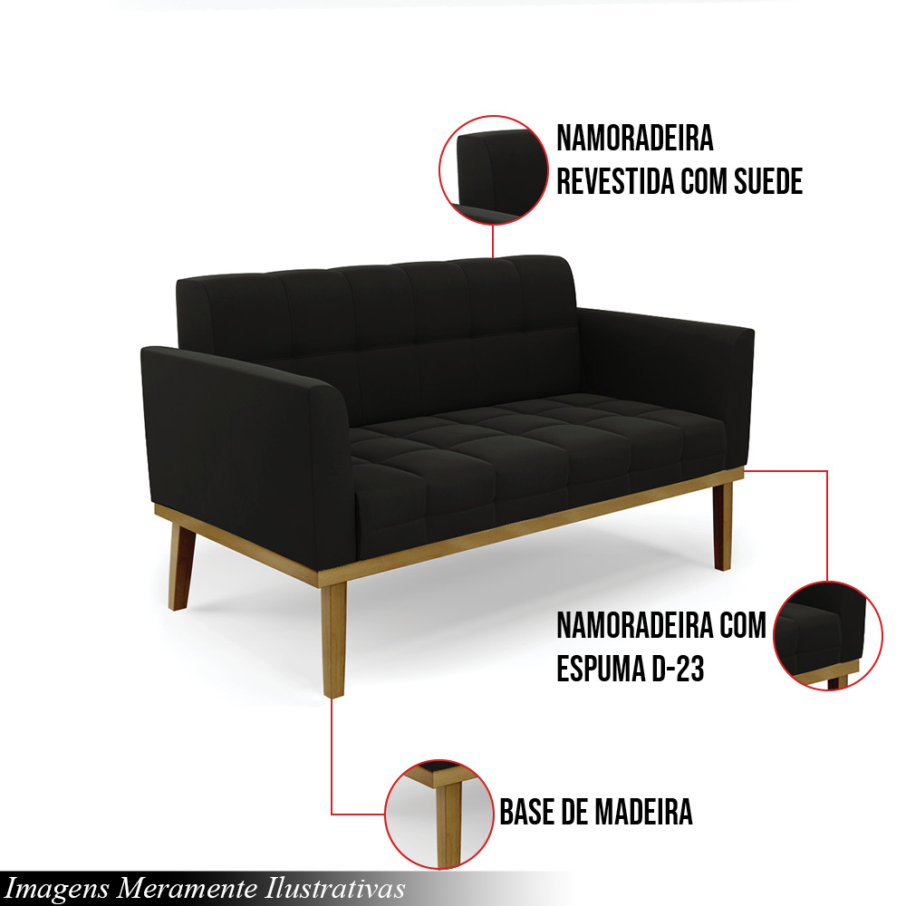 Poltrona Namoradeira Decorativa Karen Pés Fixo em Madeira Castanho Suede Preto G19 - Gran Belo