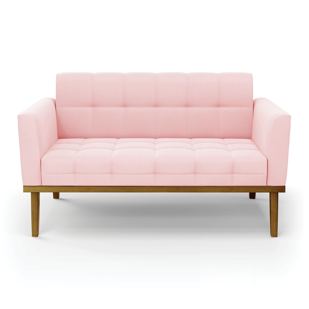 Poltrona Namoradeira Decorativa Karen Pés Fixo em Madeira Castanho Suede Rosa Bebê G19 - Gran Belo