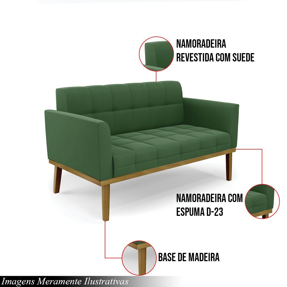 Poltrona Namoradeira Decorativa Karen Pés Fixo em Madeira Castanho Suede Verde G19 - Gran Belo