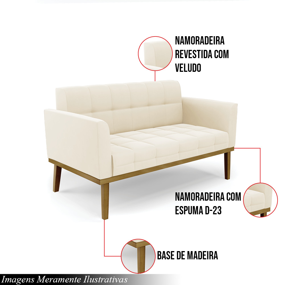 Poltrona Namoradeira Decorativa Karen Pés Fixo em Madeira Castanho Veludo Bege G19 - Gran Belo