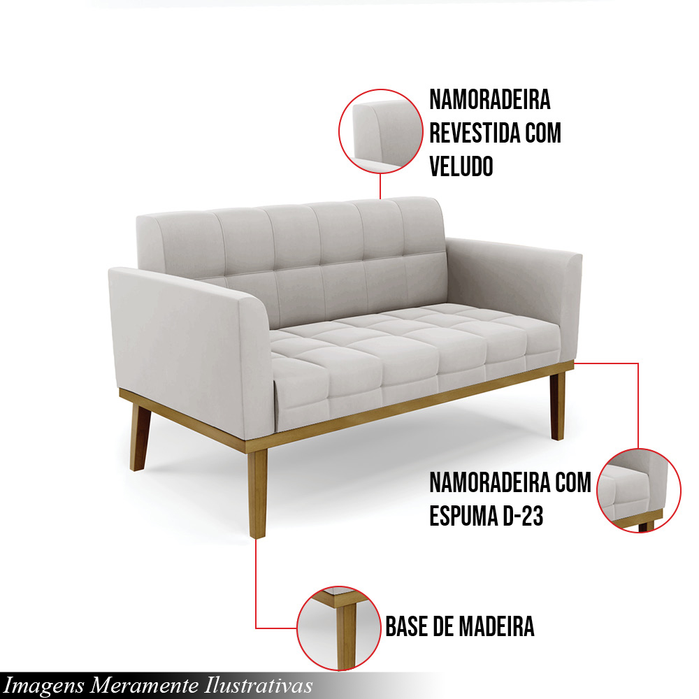 Poltrona Namoradeira Decorativa Karen Pés Fixo em Madeira Castanho Veludo Cinza G19 - Gran Belo