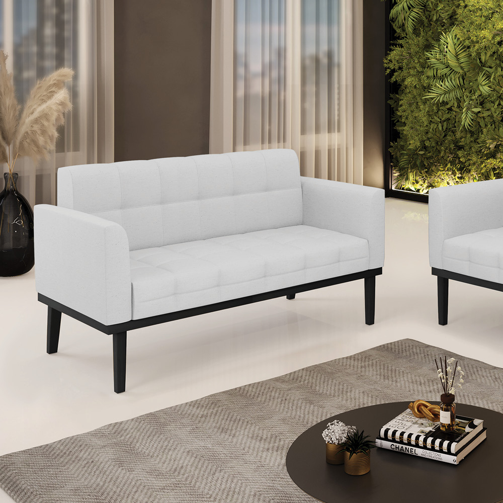 Poltrona Namoradeira Decorativa Karen Pés Fixo em Madeira Preto Linho Cinza G19 - Gran Belo