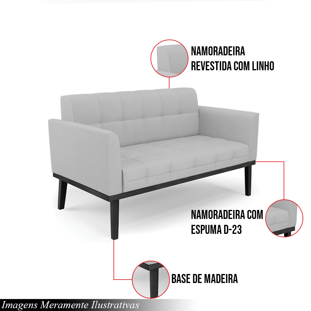 Poltrona Namoradeira Decorativa Karen Pés Fixo em Madeira Preto Linho Cinza G19 - Gran Belo