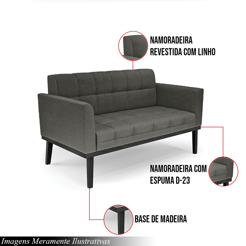 Poltrona Namoradeira Decorativa Karen Pés Fixo em Madeira Preto Linho Cinza Mesclado G19 - Gran Belo