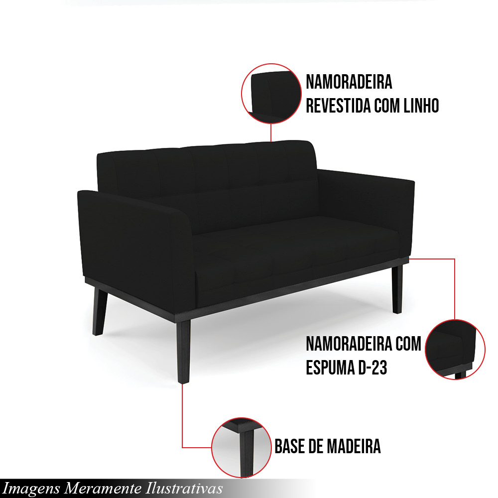 Poltrona Namoradeira Decorativa Karen Pés Fixo em Madeira Preto Linho Preto G19 - Gran Belo