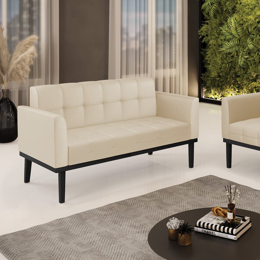 Poltrona Namoradeira Decorativa Karen Pés Fixo em Madeira Preto PU Bege G19 - Gran Belo