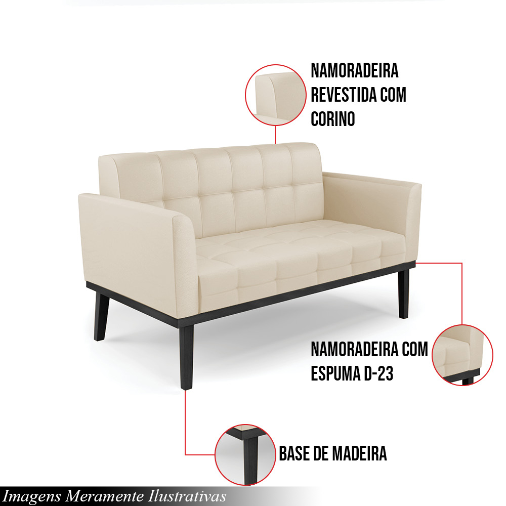 Poltrona Namoradeira Decorativa Karen Pés Fixo em Madeira Preto PU Bege G19 - Gran Belo