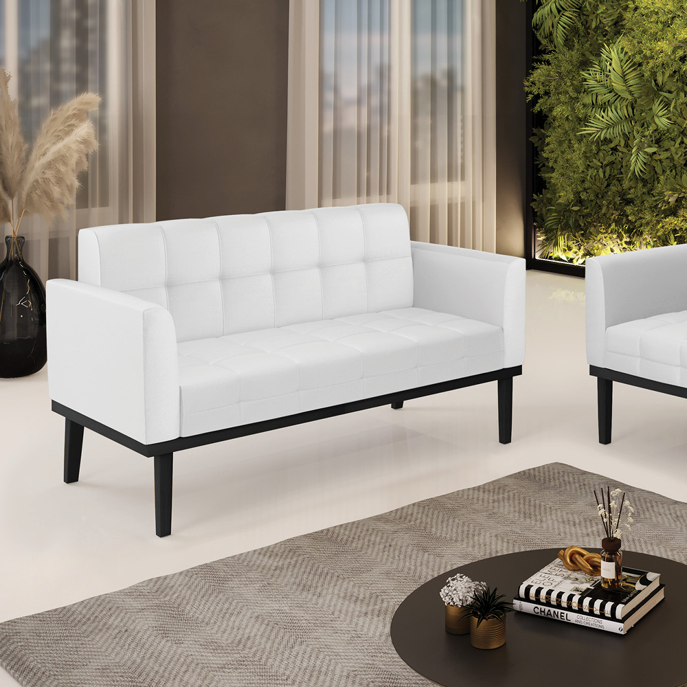 Poltrona Namoradeira Decorativa Karen Pés Fixo em Madeira Preto PU Branco G19 - Gran Belo