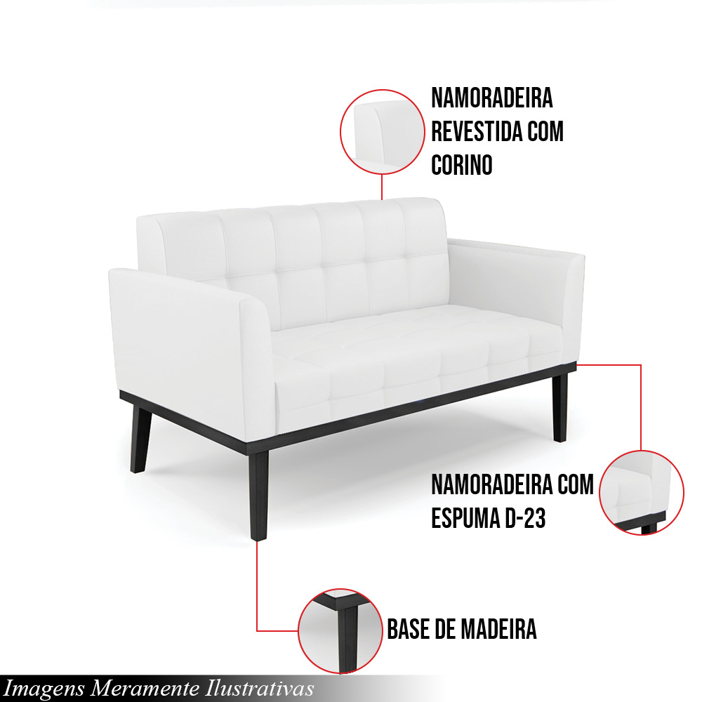Poltrona Namoradeira Decorativa Karen Pés Fixo em Madeira Preto PU Branco G19 - Gran Belo