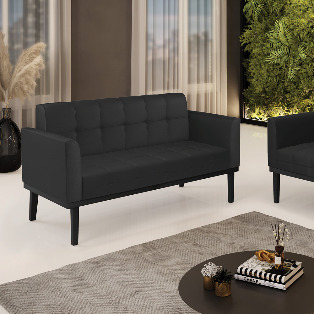 Poltrona Namoradeira Decorativa Karen Pés Fixo em Madeira Preto PU Preto G19 - Gran Belo