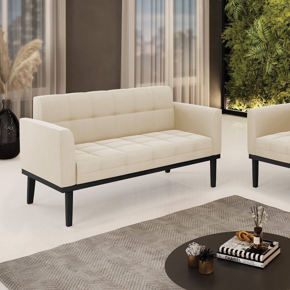 Poltrona Namoradeira Decorativa Karen Pés Fixo em Madeira Preto Suede Bege G19 - Gran Belo