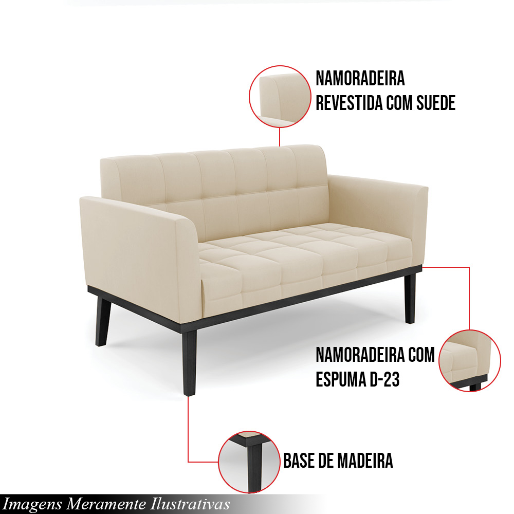 Poltrona Namoradeira Decorativa Karen Pés Fixo em Madeira Preto Suede Bege G19 - Gran Belo