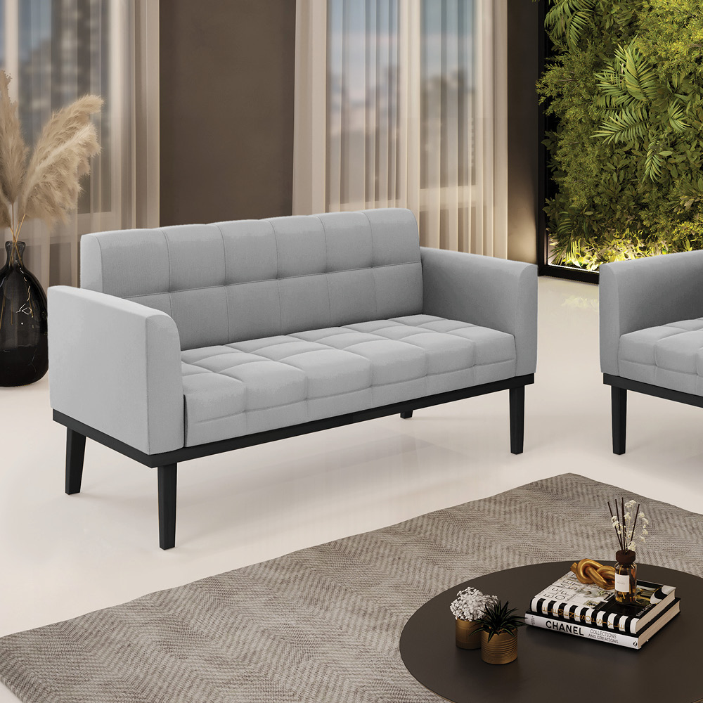Poltrona Namoradeira Decorativa Karen Pés Fixo em Madeira Preto Suede Cinza G19 - Gran Belo