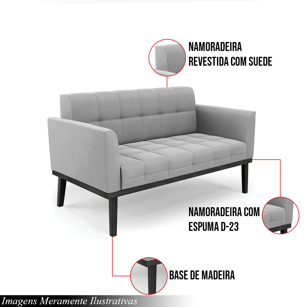 Poltrona Namoradeira Decorativa Karen Pés Fixo em Madeira Preto Suede Cinza G19 - Gran Belo