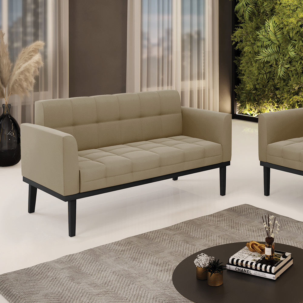 Poltrona Namoradeira Decorativa Karen Pés Fixo em Madeira Preto Suede Nude G19 - Gran Belo
