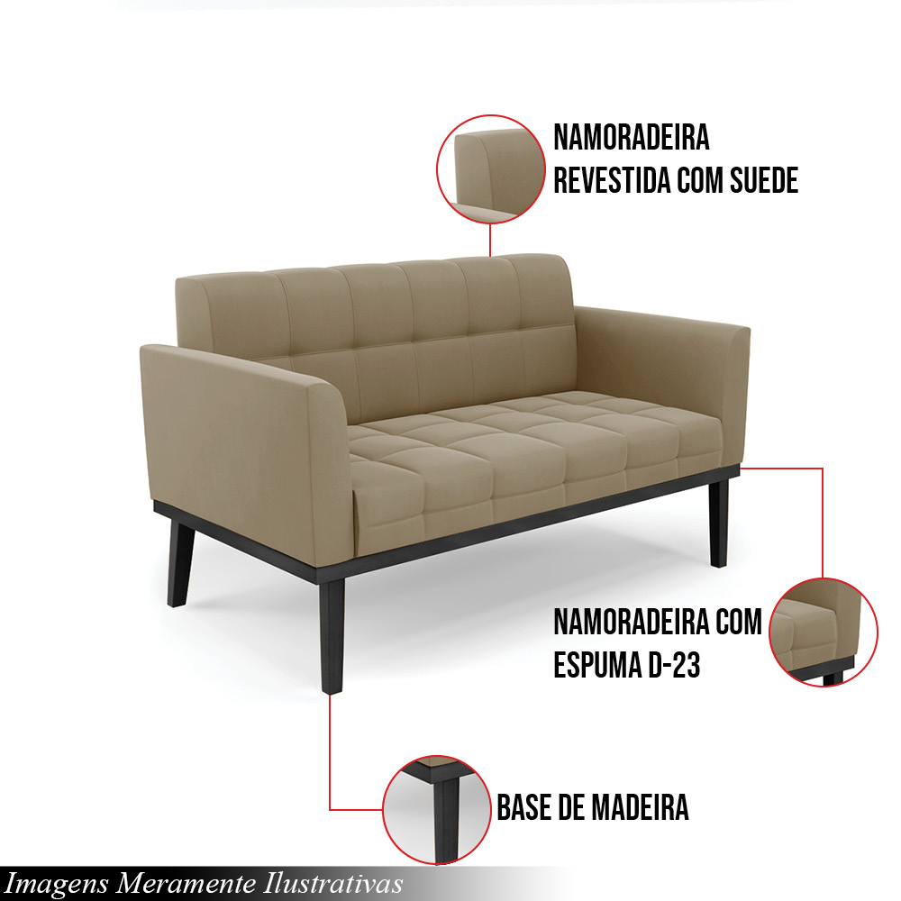 Poltrona Namoradeira Decorativa Karen Pés Fixo em Madeira Preto Suede Nude G19 - Gran Belo