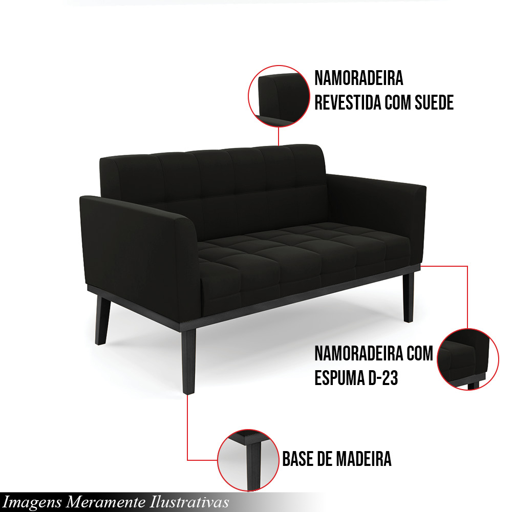 Poltrona Namoradeira Decorativa Karen Pés Fixo em Madeira Preto Suede Preto G19 - Gran Belo
