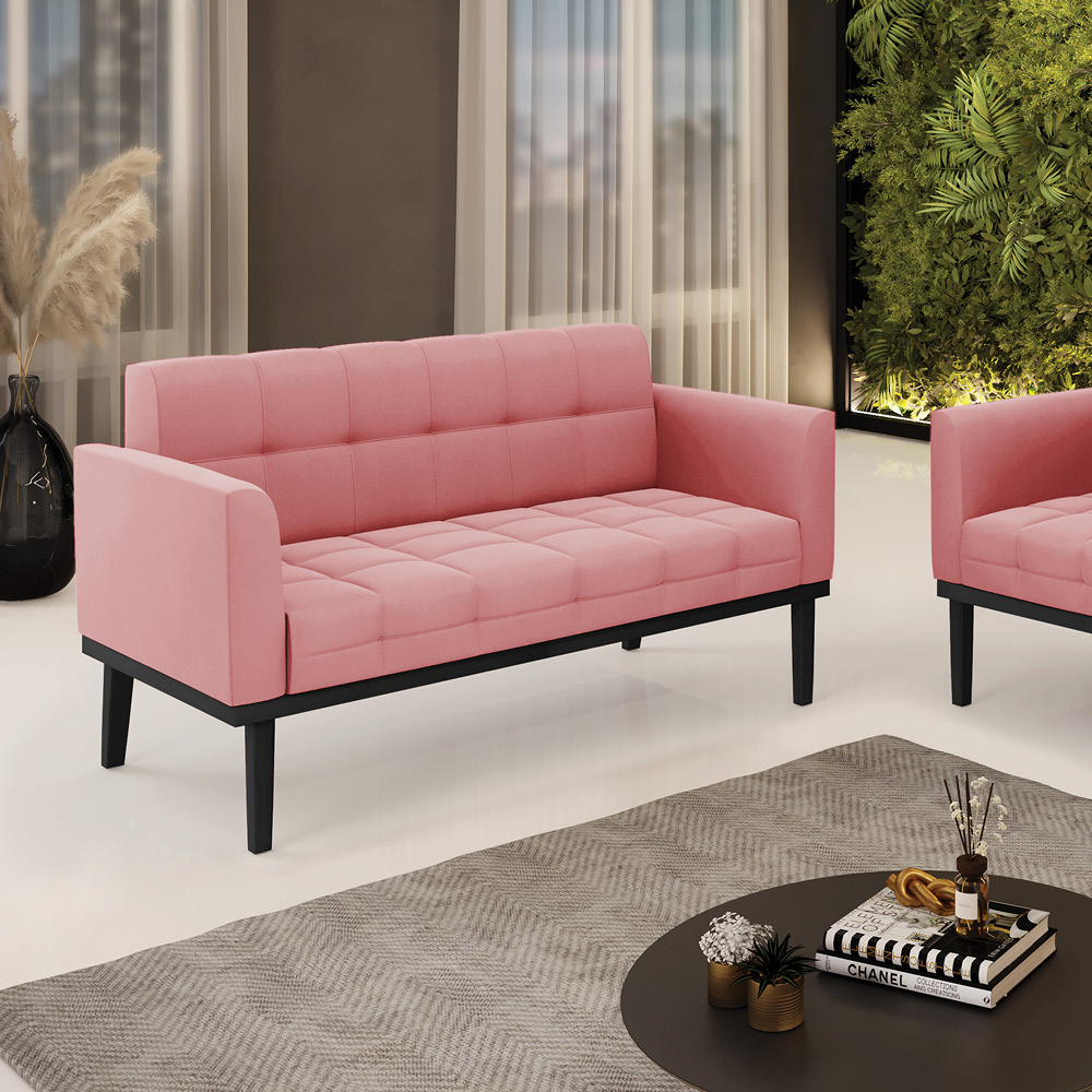 Poltrona Namoradeira Decorativa Karen Pés Fixo em Madeira Preto Suede Rose G19 - Gran Belo