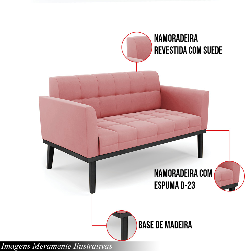 Poltrona Namoradeira Decorativa Karen Pés Fixo em Madeira Preto Suede Rose G19 - Gran Belo