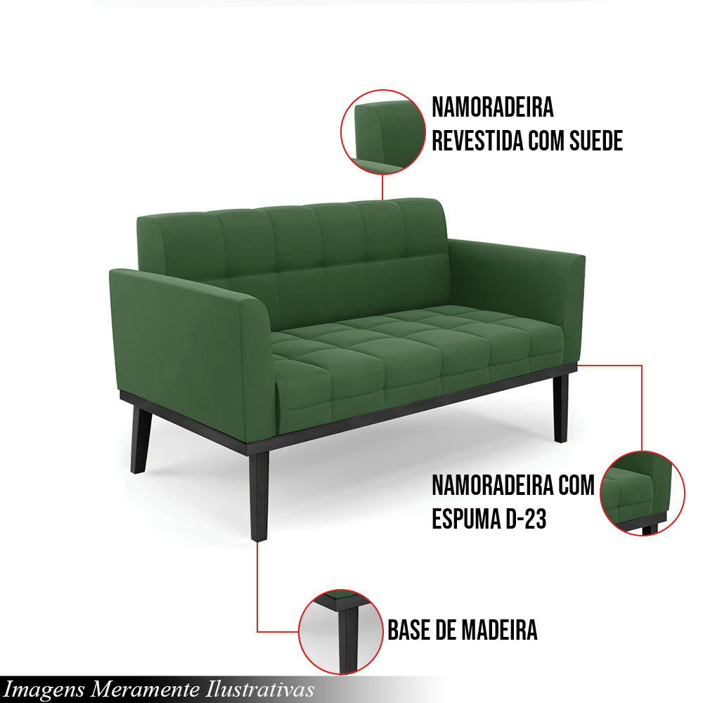 Poltrona Namoradeira Decorativa Karen Pés Fixo em Madeira Preto Suede Verde G19 - Gran Belo