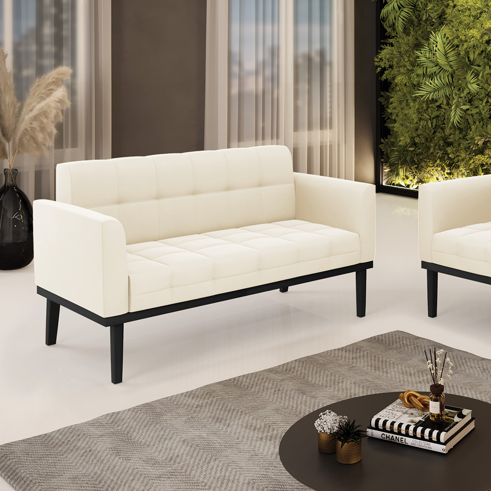 Poltrona Namoradeira Decorativa Karen Pés Fixo em Madeira Preto Veludo Bege G19 - Gran Belo