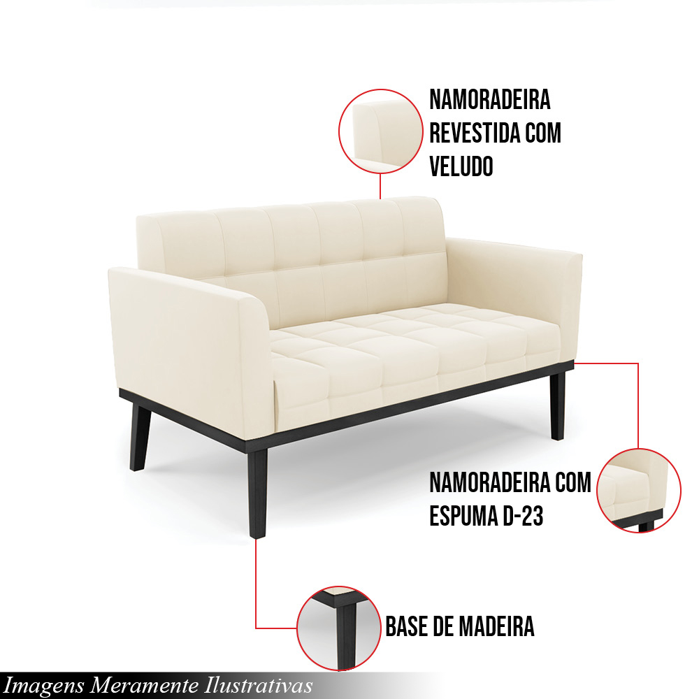 Poltrona Namoradeira Decorativa Karen Pés Fixo em Madeira Preto Veludo Bege G19 - Gran Belo