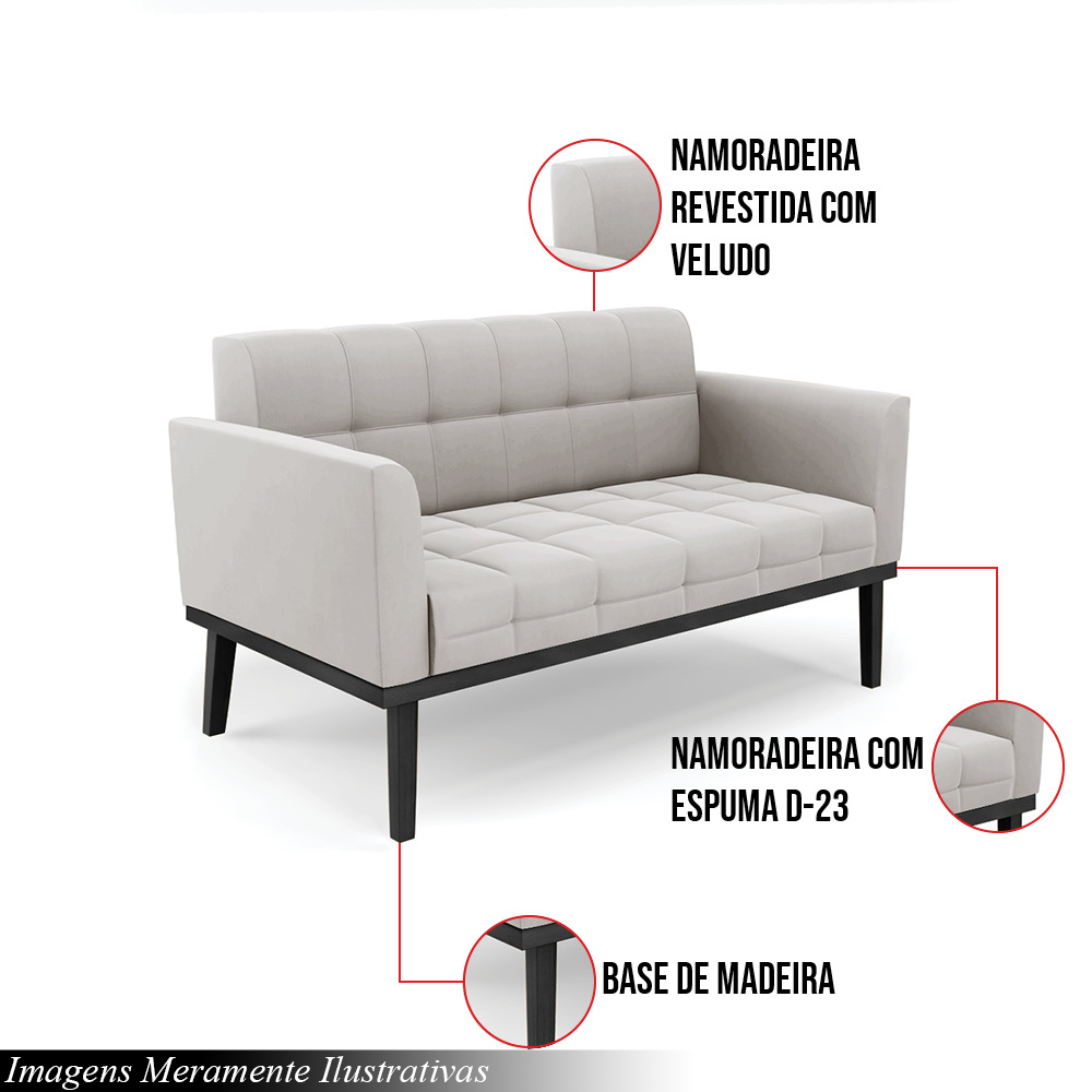 Poltrona Namoradeira Decorativa Karen Pés Fixo em Madeira Preto Veludo Cinza G19 - Gran Belo