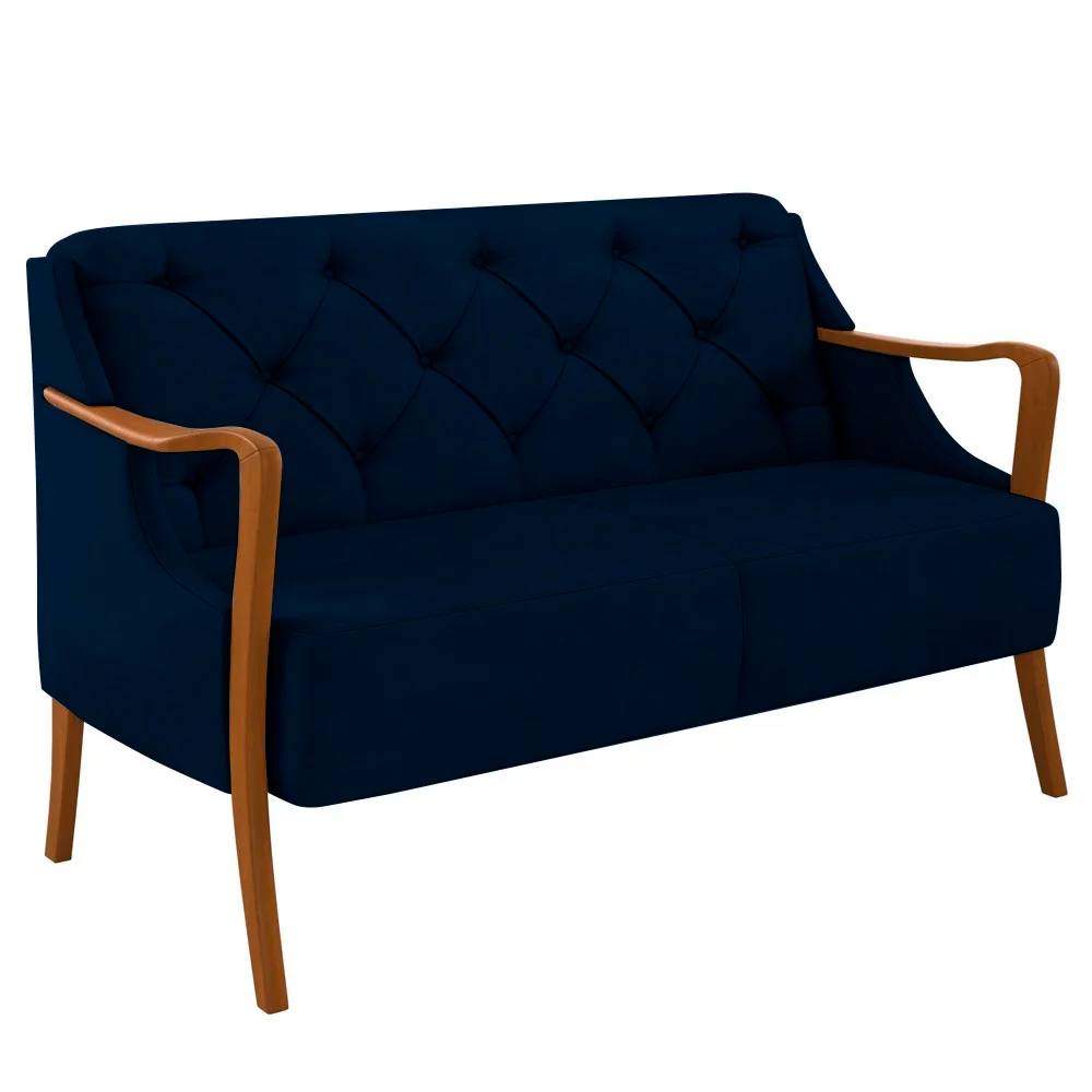 Poltrona Namoradeira Hand 2 Lugares Braços em Madeira Veludo Azul Marinho G45 - Gran Belo
