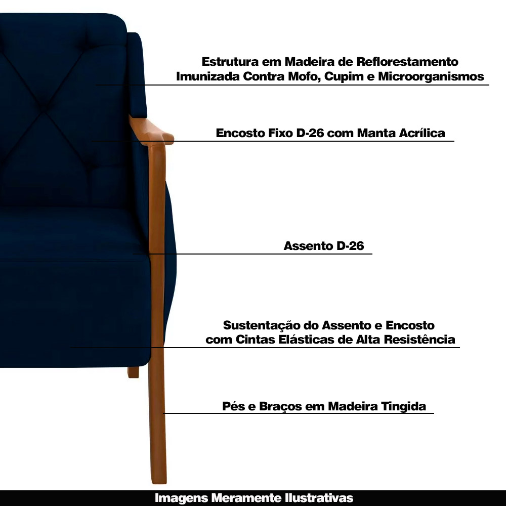 Poltrona Namoradeira Hand 2 Lugares Braços em Madeira Veludo Azul Marinho G45 - Gran Belo