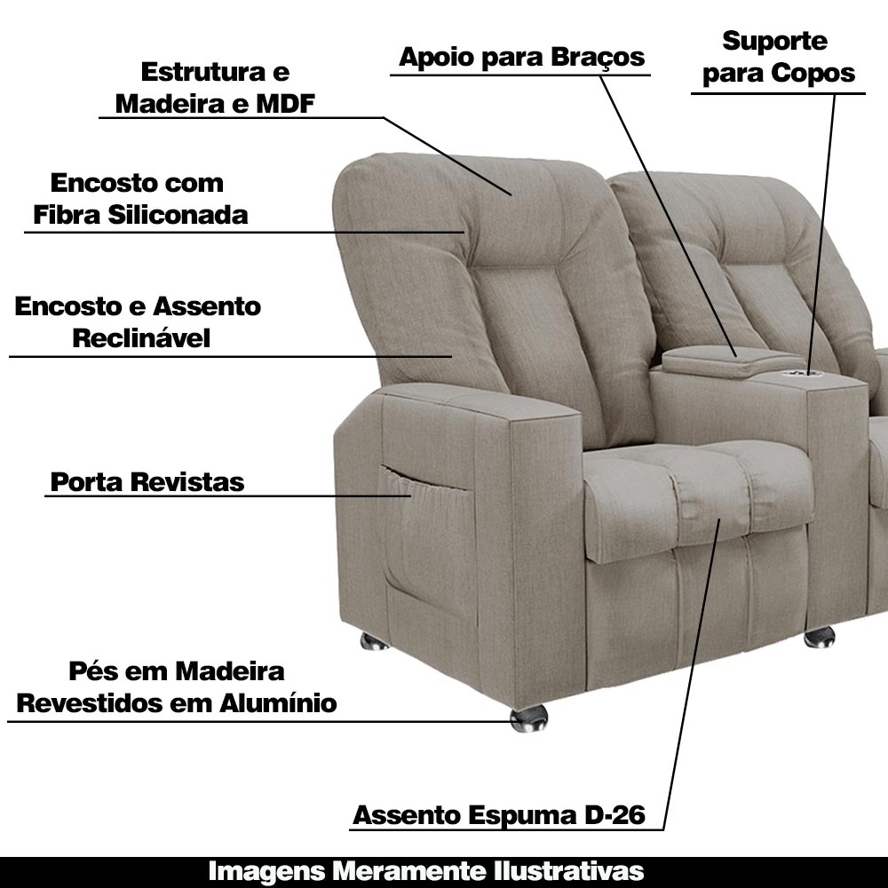 Poltrona Reclinável 2 Lugares para Sala de Cinema Pequim Linho Bege G23 - Gran Belo