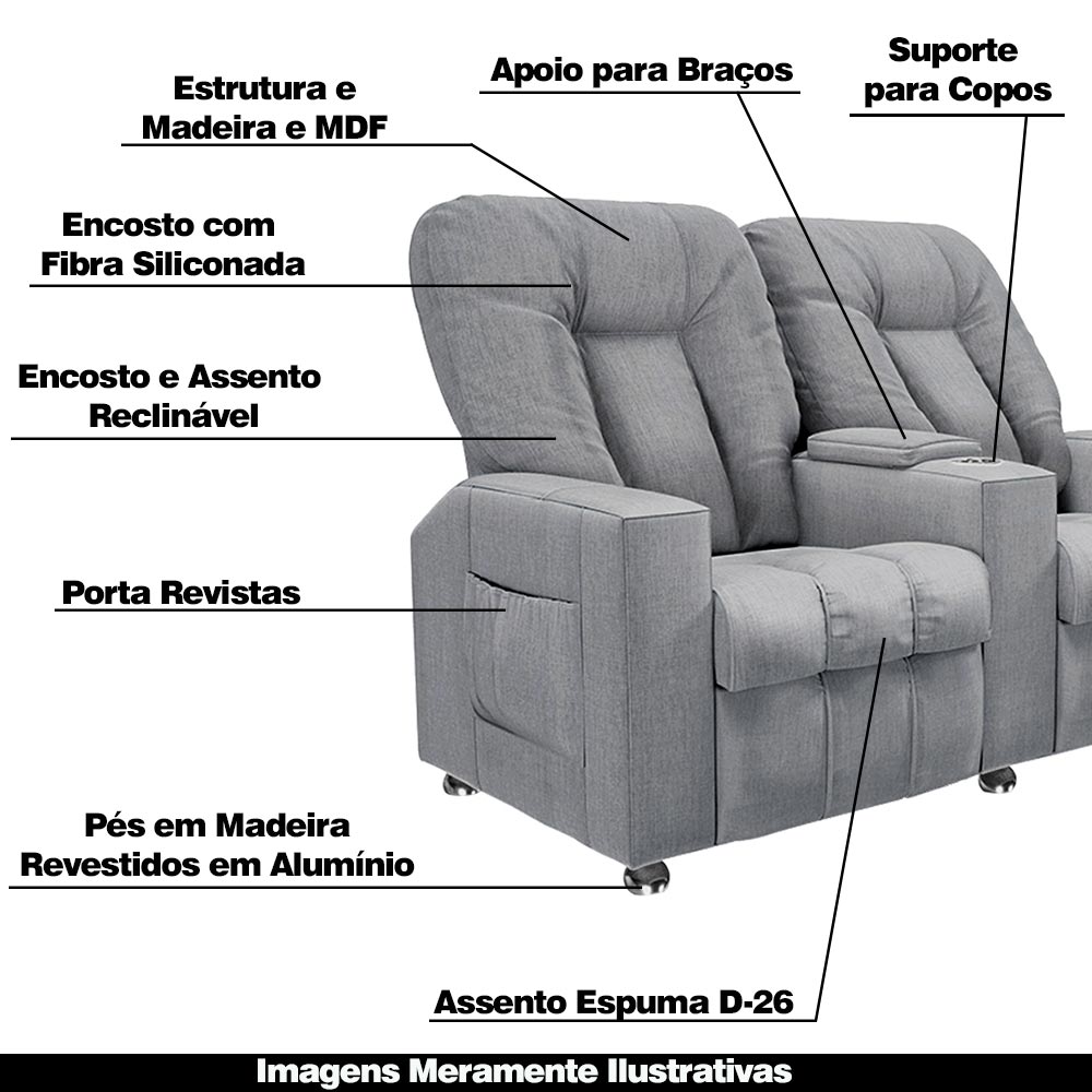 Poltrona Reclinável 2 Lugares para Sala de Cinema Pequim Linho Cinza G23 - Gran Belo