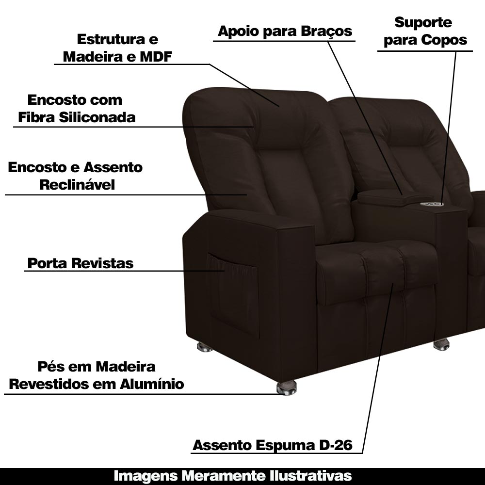 Poltrona Reclinável 2 Lugares para Sala de Cinema Pequim PU Marrom G23 - Gran Belo