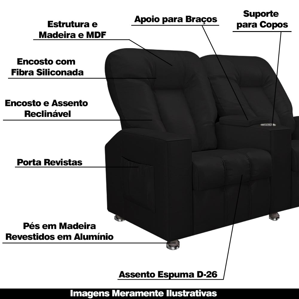 Poltrona Reclinável 2 Lugares para Sala de Cinema Pequim PU Preto G23 - Gran Belo