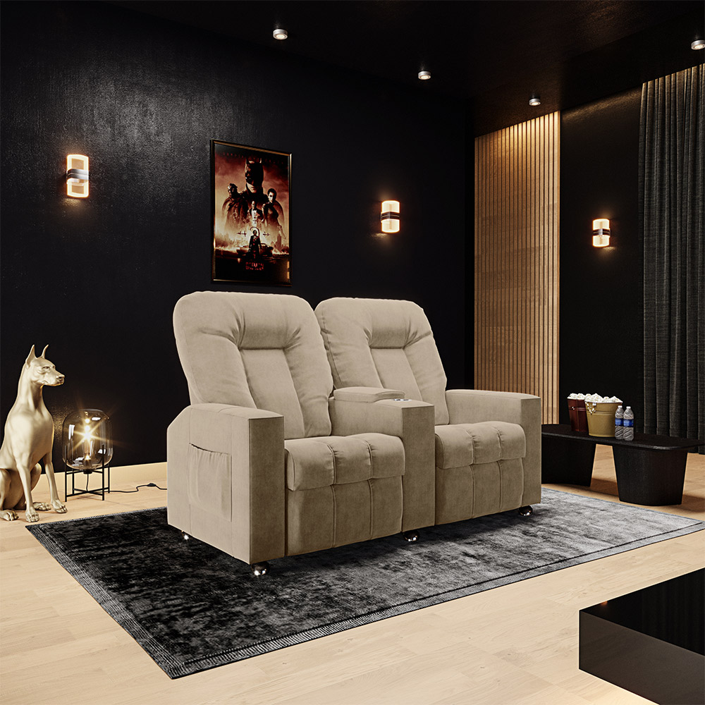 Poltrona Reclinável 2 Lugares para Sala de Cinema Pequim Suede Bege G23 - Gran Belo