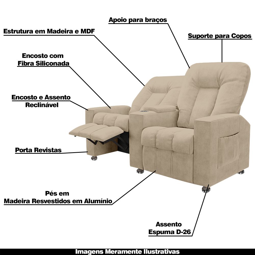 Poltrona Reclinável 2 Lugares para Sala de Cinema Pequim Suede Bege G23 - Gran Belo