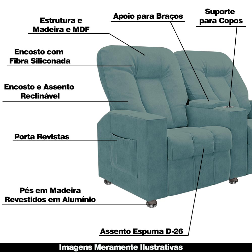 Poltrona Reclinável 2 Lugares para Sala de Cinema Pequim Veludo Azul Claro G23 - Gran Belo