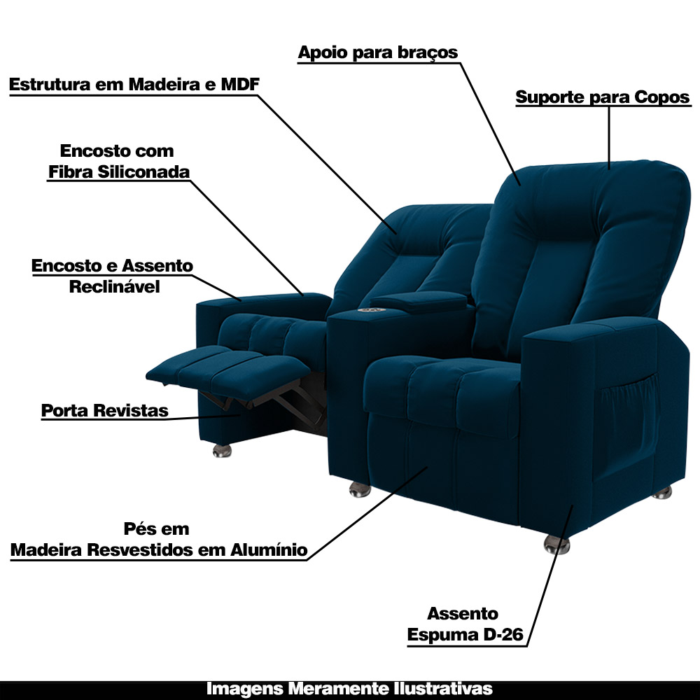 Poltrona Reclinável 2 Lugares para Sala de Cinema Pequim Veludo Azul Marinho G23 - Gran Belo